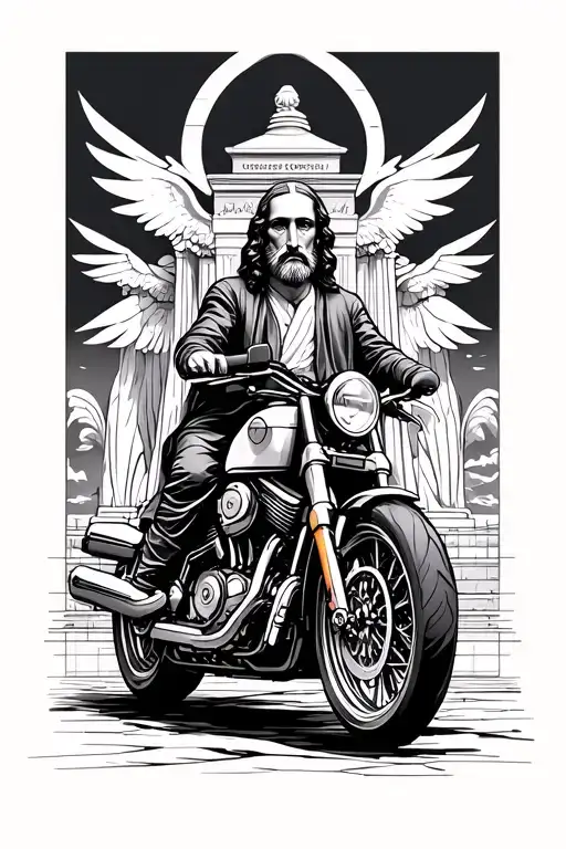 A motorcycle facing a monument of Leonardo da Vinci art work tattoo design idea