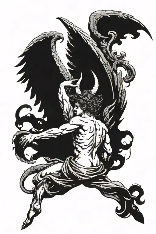 falling angel with devil wings from behind with horns on his head tattoo design idea