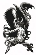 falling angel with devil wings from behind with horns on his head tattoo design idea