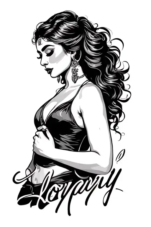 "Add 'loyalty' below the woman's head in a bold, handwritten font, keeping the black and white, minimalistic Chicano sty tattoo design idea