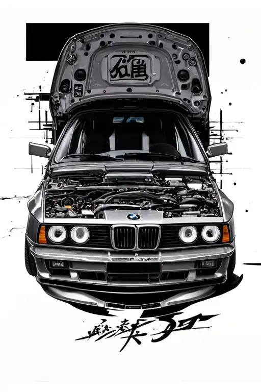 jin jang with bmw e30 in the middle tattoo design idea