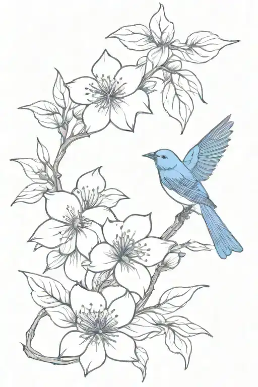 Japanese Kerry Rose flowers and Indigo Bunting tattoo design idea