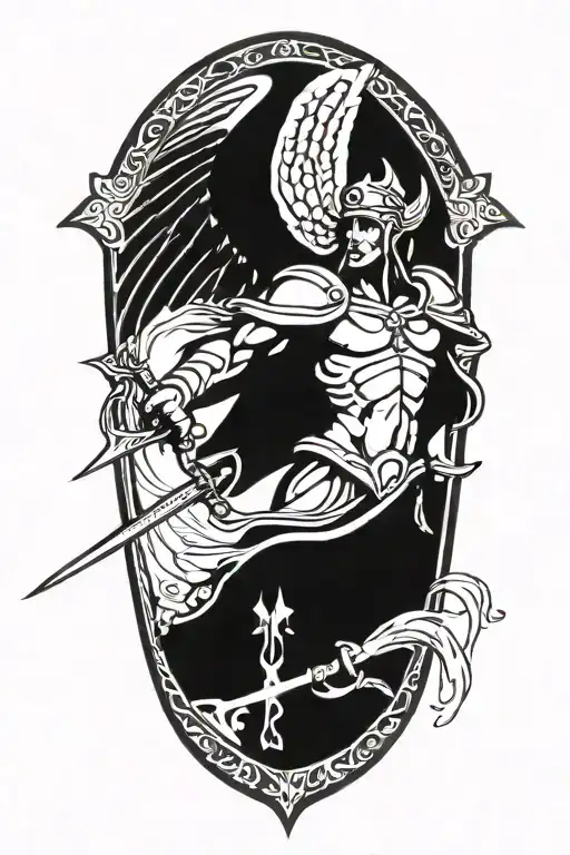 st Michael with halo holding a shield and a sword. the tip of the sword is going into the resting serpent at his feet tattoo design idea