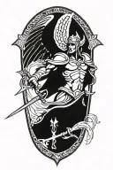 st Michael with halo holding a shield and a sword. the tip of the sword is going into the resting serpent at his feet tattoo design idea