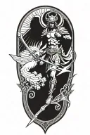 st Michael with halo holding a shield and a sword. the tip of the sword is going into the resting serpent at his feet tattoo design idea