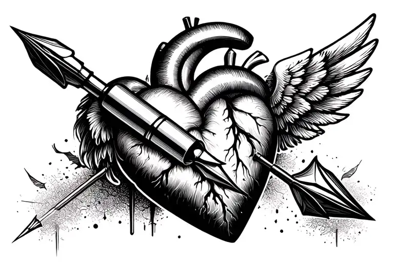 turn a heart with an arrow into a bullet with one wing on the right half of the heart tattoo design idea