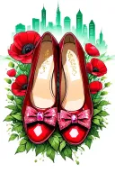 two sparkly flat red ruby  shoes with bows on toes with emerald city in background surrounded by poppies tattoo design idea