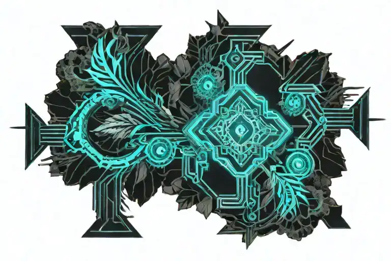 cross feather roses tattoo design idea