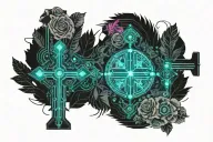 cross feather roses tattoo design idea