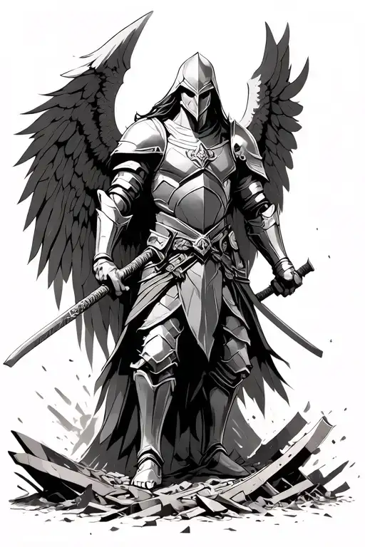Archangel in armor with katana in ruins tattoo design idea