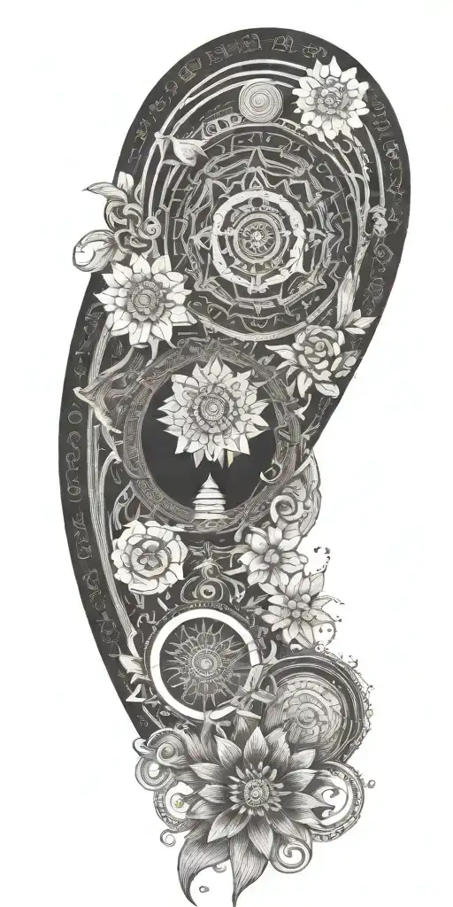 Blend Buddhist mandala, fine-line wood grain, anime elements, and subtle gaming symbols into a cohesive, flowing design tattoo design idea