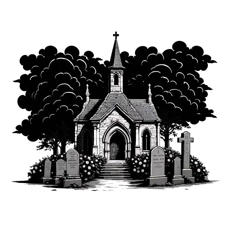 old abanond ruin  church  with dark clouds and grave stones and black rose bushes tattoo design idea