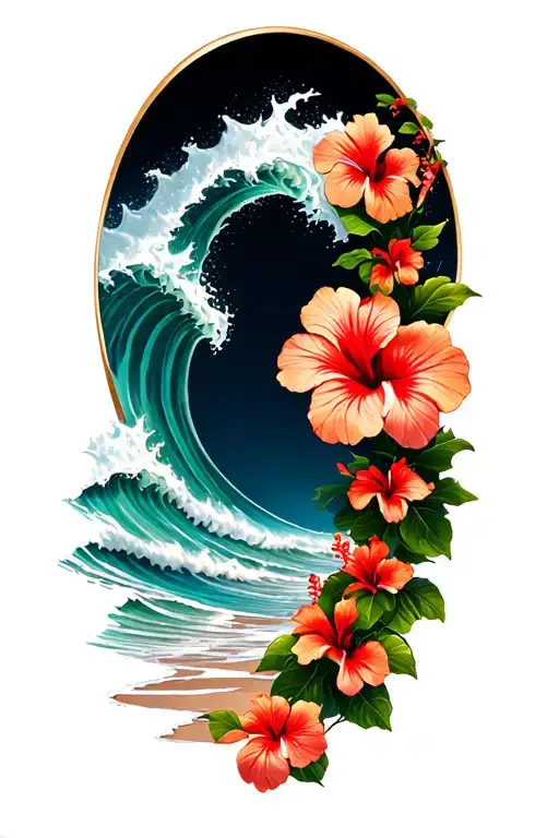 waves crashing on beach with hibiscus vine on right side tattoo design idea