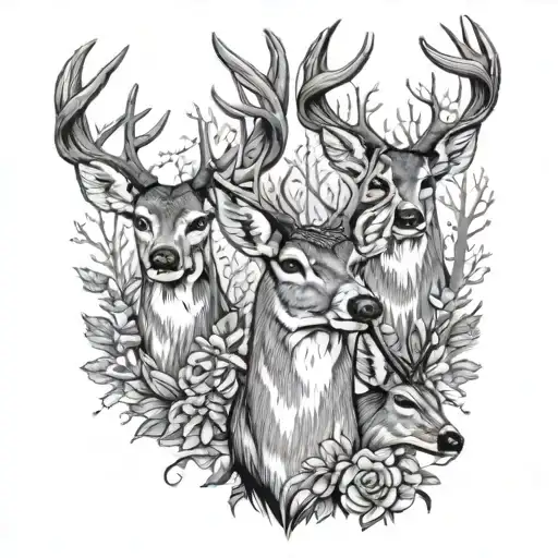 Large buck with a young buck, a doe, and a young doe tattoo design idea