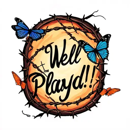 "Well Played!" barbed wire and butterflies flying tattoo design idea