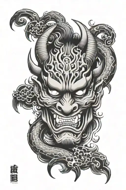 irezumi style sleeve oni mask surrounded tattoo design idea