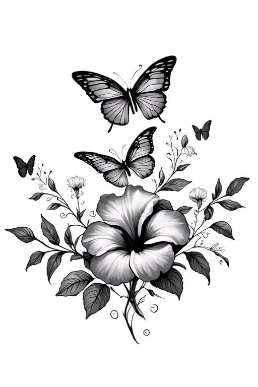 butterflies and hibiscus line vine for extending on my curves of my stomach and hip . flowers need to be small and simpl tattoo design idea
