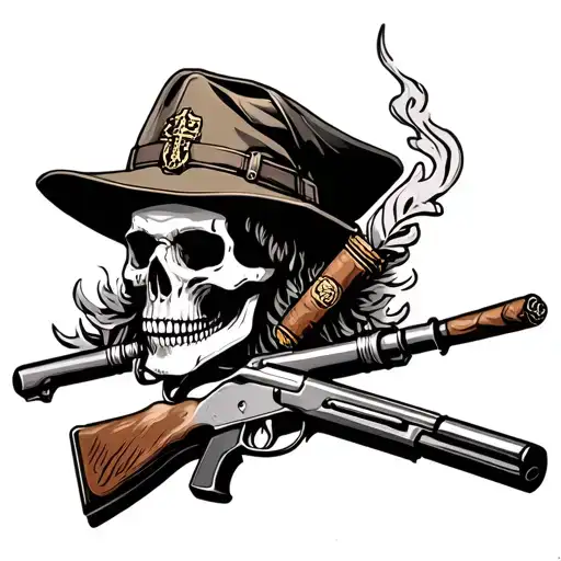skull with calvery army scout hat above infantry cross rifle smokig cigar  tattoo design idea