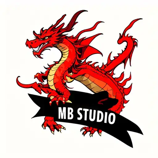 Easy and simple japanese style red dragon with banner that says "MB Studio" with tradicional japanese colors, store logo tattoo design idea