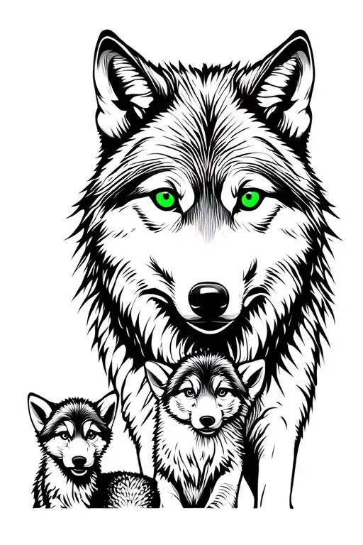 Black and white Mother wolf with green eyes and 2 baby cubs in forest background tattoo  tattoo design idea