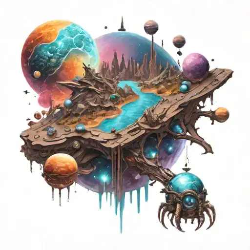 A futuristic space scene with alien life forms exploring a water planet tattoo design idea