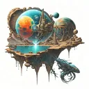 A futuristic space scene with alien life forms exploring a water planet tattoo design idea