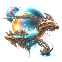 A futuristic space scene with alien life forms exploring a water planet tattoo design idea