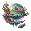 A futuristic space scene with alien life forms exploring a water planet tattoo design idea