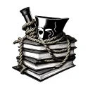 A dark romance book stack bound with rope with purge mask, and mafia elements  tattoo design idea