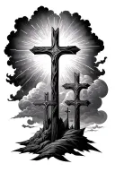 3 crosses with clouds and rays radiating tattoo design idea