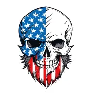 front facing bearded skull verticall covered with a broken in half, vertical American flag warrior mask tattoo design idea