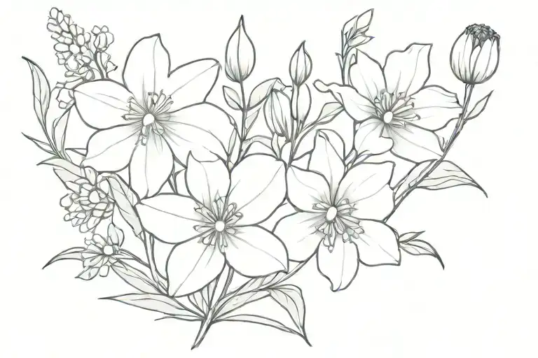 fine line black and white no shading flower bouquet with a violet, two larkspurs, one daisy, two daffodils, and a narci tattoo design idea