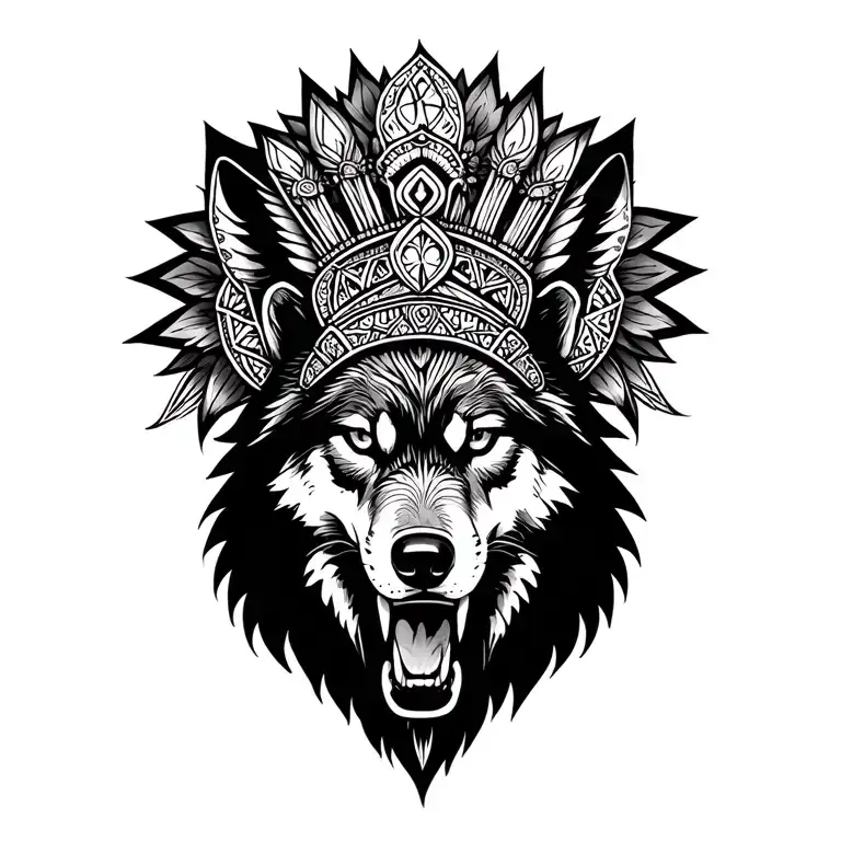 Wolf Face semi growl with teeth showing with Large Royal Indian Headdress Libra Scales incorporate Sacred Geometry  tattoo design idea