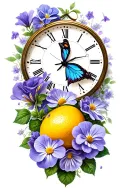 rose and violets and daisies and butterfly resting and lemons and thunderstorm and clock tattoo design idea