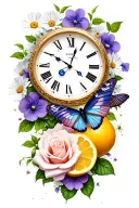 rose and violets and daisies and butterfly resting and lemons and thunderstorm and clock tattoo design idea