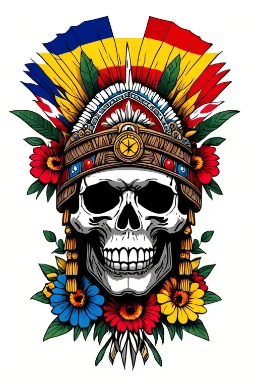 aztec warrior, skull, colourful flowers, colombia flag, union jack flag tattoo design idea