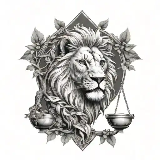 lion head and justice scales with life tree emerging tattoo design idea