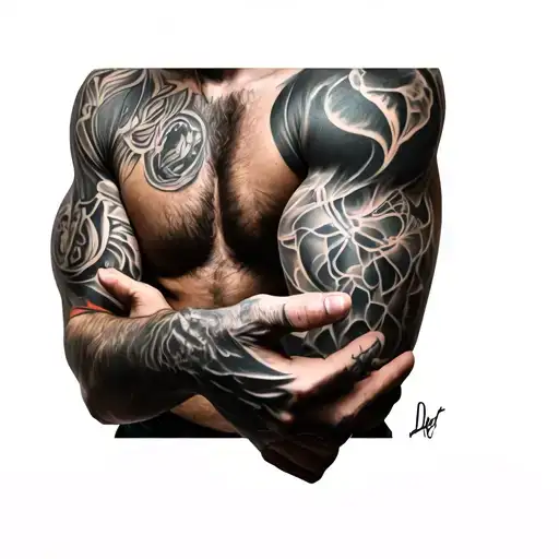 photorealistic studio photo of toned male arm with dense full-coverage modern blackwork full-sleeve tattoo, pure black i tattoo design idea