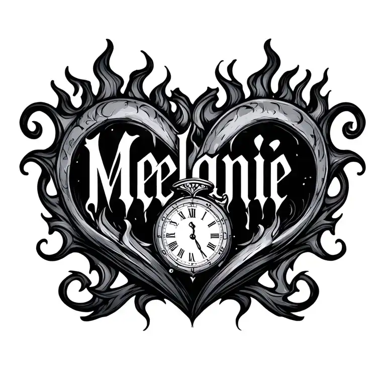 "Mélanie" clock heart in flame tattoo design idea