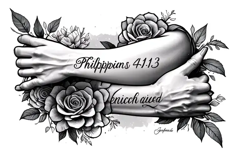 Make a outer forearm tattoo with Philippians 4:13 written tattoo design idea