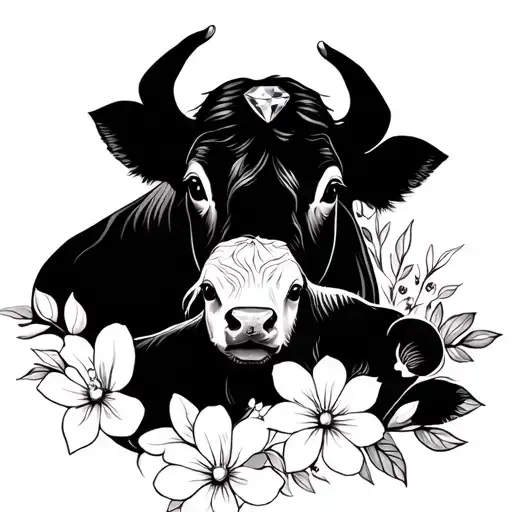Memorial of mother with diamonds and baby cow flowers  tattoo design idea