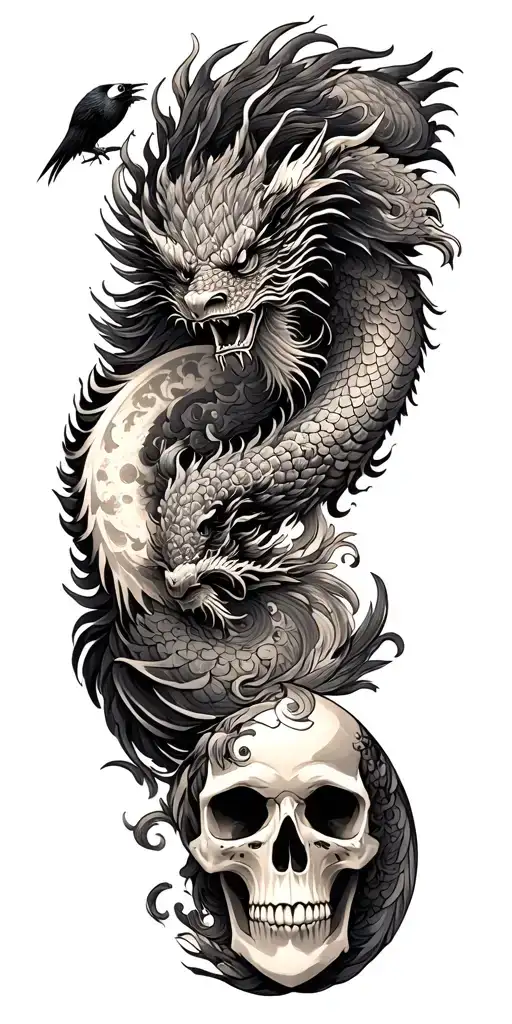 Chinese dragon and phoenix and skull and moon and raven tattoo design idea