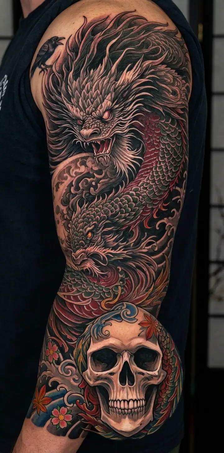 Chinese dragon and phoenix and skull and moon and raven tattoo design idea
