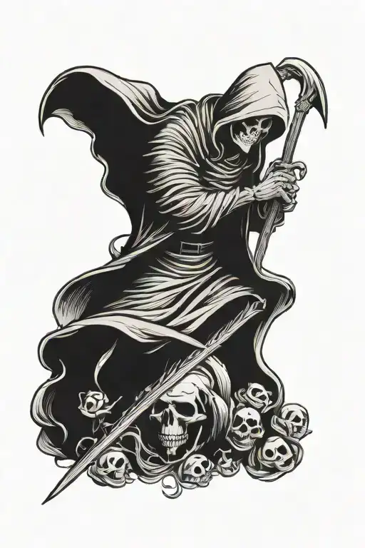 a dark background with the grim reaper holding onto his scythe tattoo design idea
