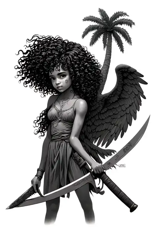 palm tree guardian angel curly hair girl holding machete tattoo design idea