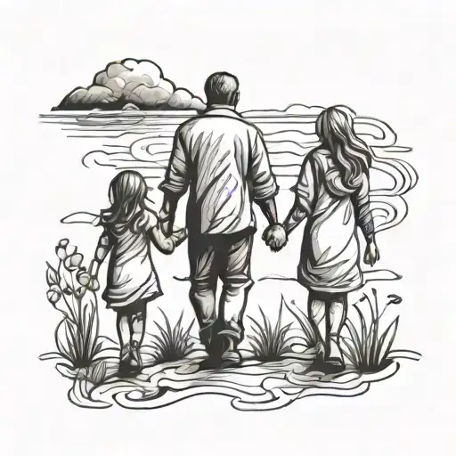 mother father daughter walking hand in hand, daughter in the middle outline tattoo tattoo design idea