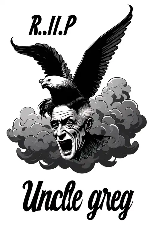 "R.I.P. Uncle greg " with clouds surrounding tattoo design idea