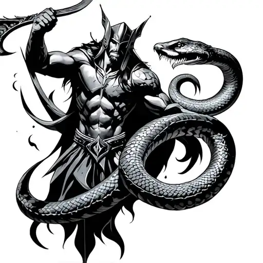 Thor fights with Midgard snake in the Fjord Black tattoo design idea