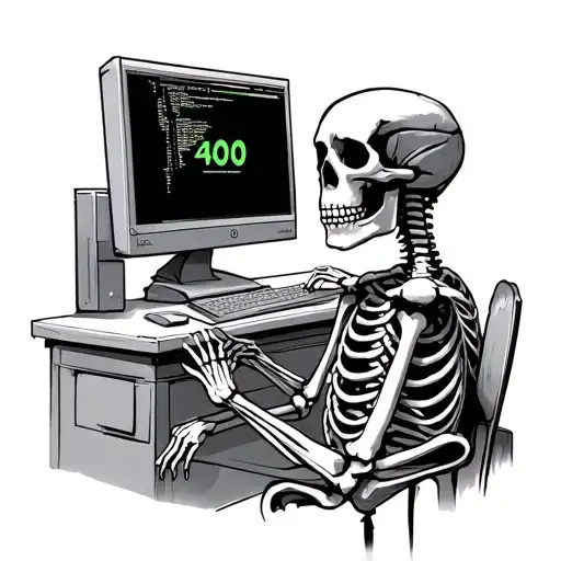 Create a tattoo sketch of a skeleton working at a PC. The monitor should display the error "400". The image includes the tattoo design idea