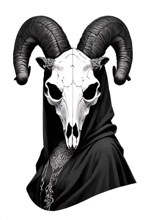 cloaked woman with ram skull mask tattoo design idea